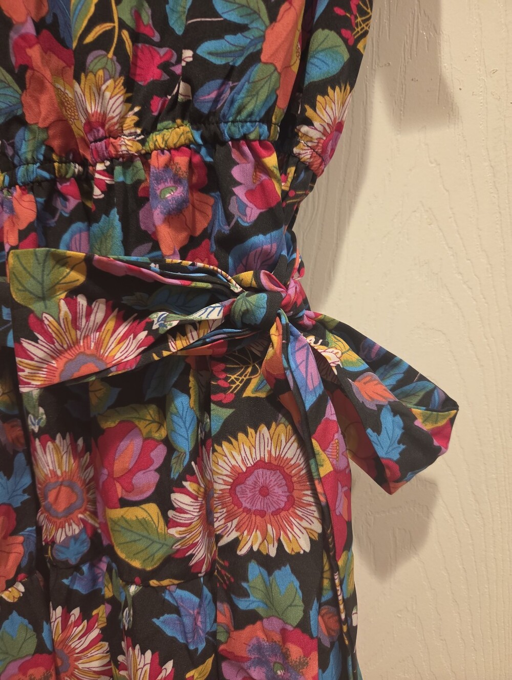 Floral Ruffle Midi Dress in Black with Multicolor Print - Picture 2 of 4